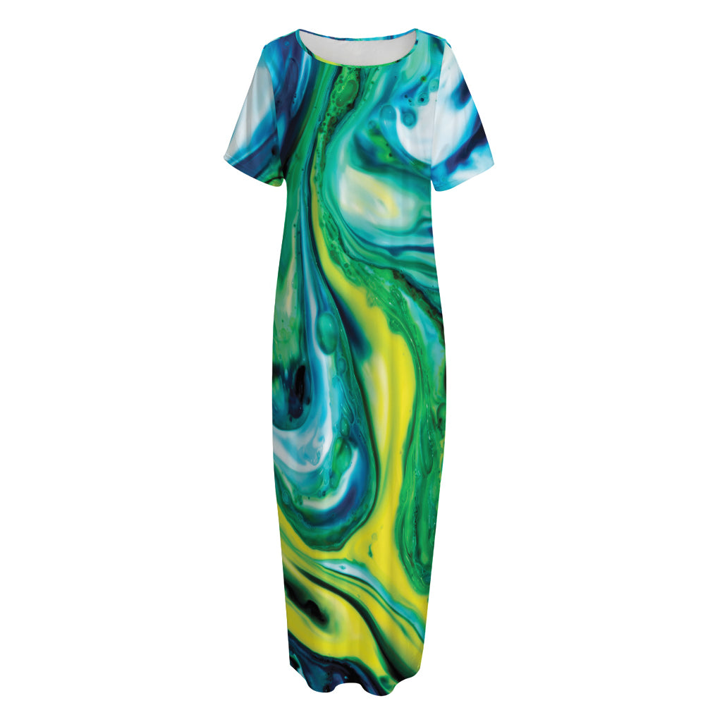 Blue And Green Acid Melt Print Short Sleeve Long Nightdress