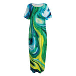 Blue And Green Acid Melt Print Short Sleeve Long Nightdress