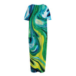 Blue And Green Acid Melt Print Short Sleeve Long Nightdress