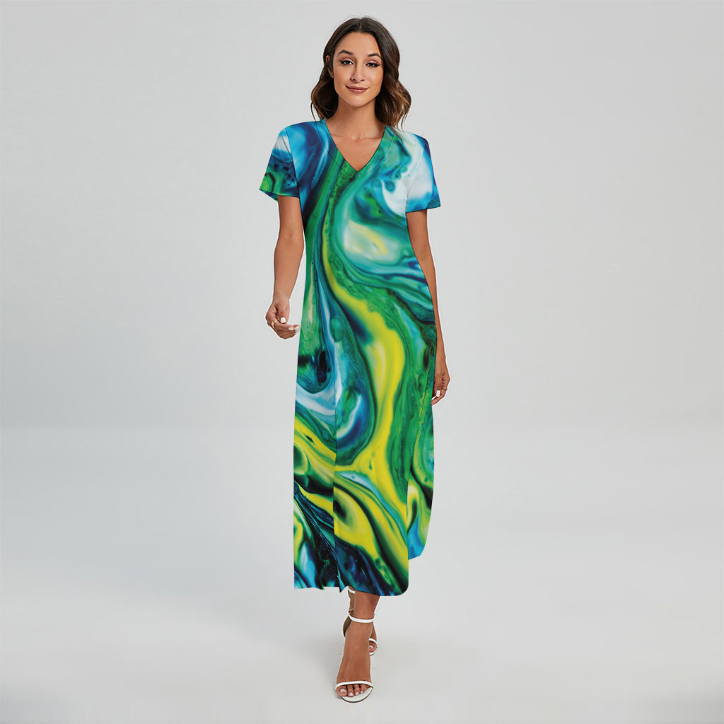 Blue And Green Acid Melt Print Short Sleeve Maxi Dress