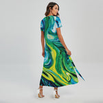 Blue And Green Acid Melt Print Short Sleeve Maxi Dress