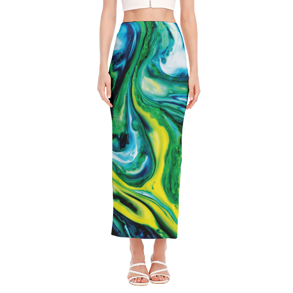 Blue And Green Acid Melt Print Side Slit Maxi Skirt