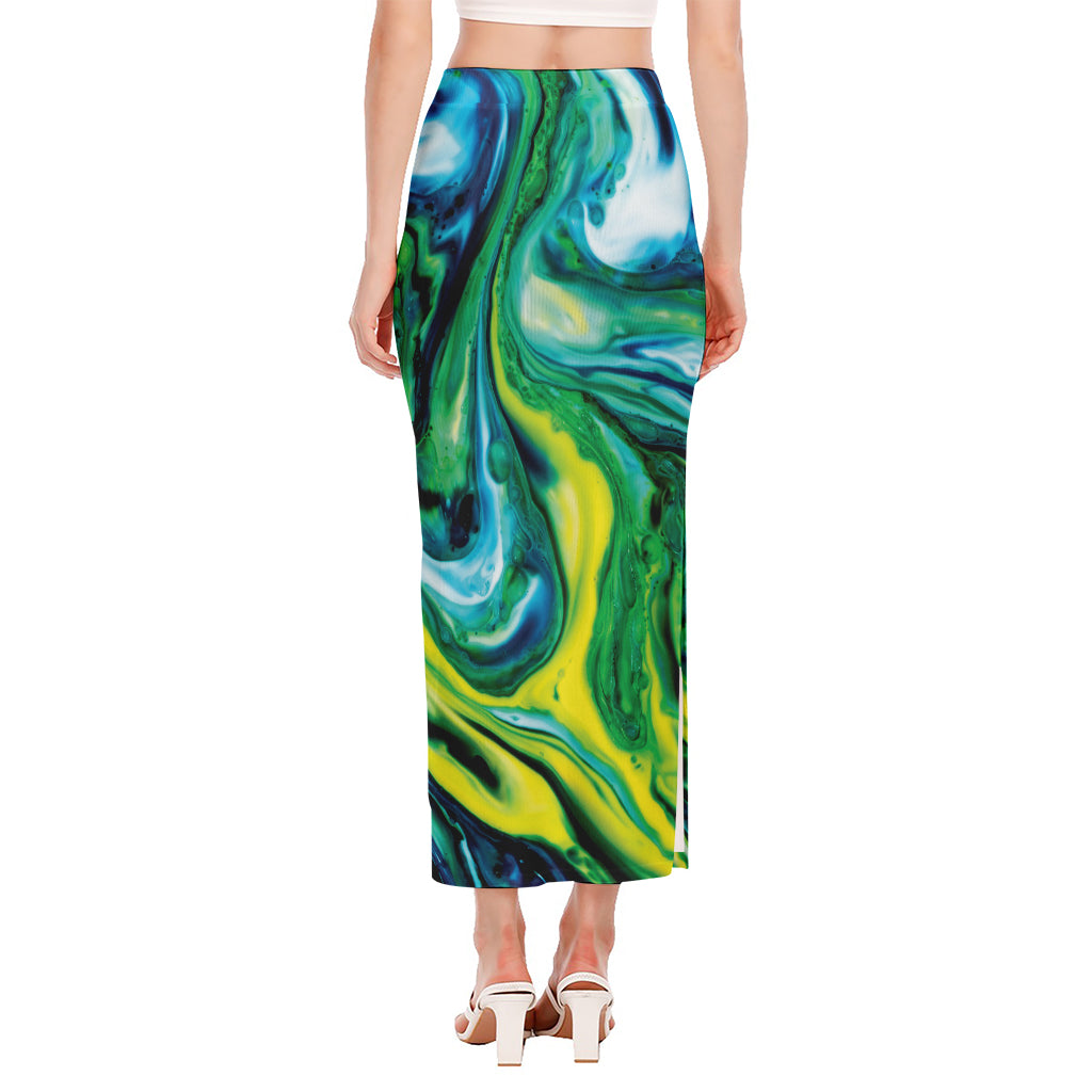 Blue And Green Acid Melt Print Side Slit Maxi Skirt