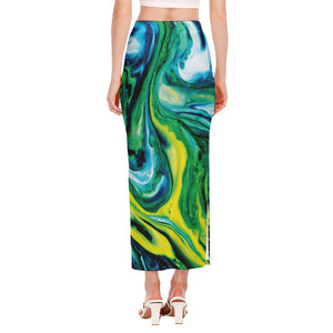 Blue And Green Acid Melt Print Side Slit Maxi Skirt