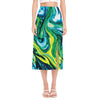 Blue And Green Acid Melt Print Side Slit Midi Skirt