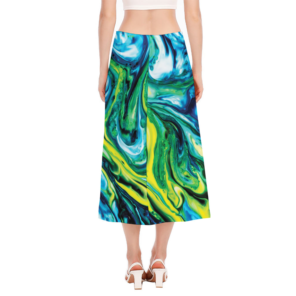 Blue And Green Acid Melt Print Side Slit Midi Skirt