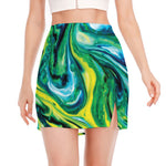 Blue And Green Acid Melt Print Side Slit Mini Skirt