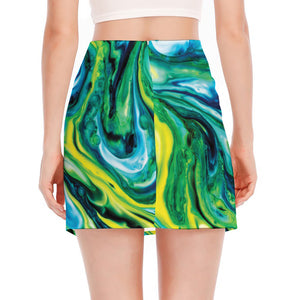 Blue And Green Acid Melt Print Side Slit Mini Skirt