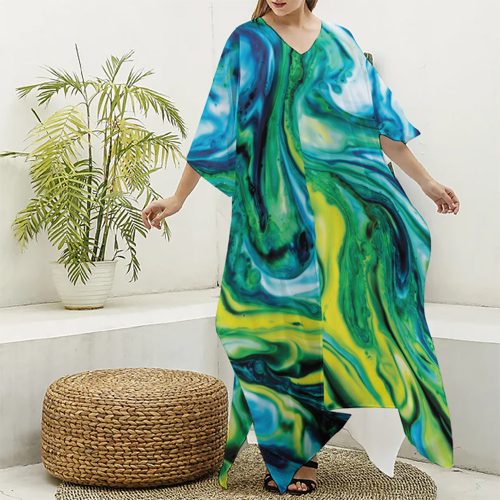 Blue And Green Acid Melt Print Silk V-Neck Kaftan Dress