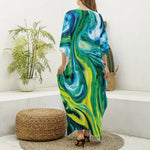 Blue And Green Acid Melt Print Silk V-Neck Kaftan Dress