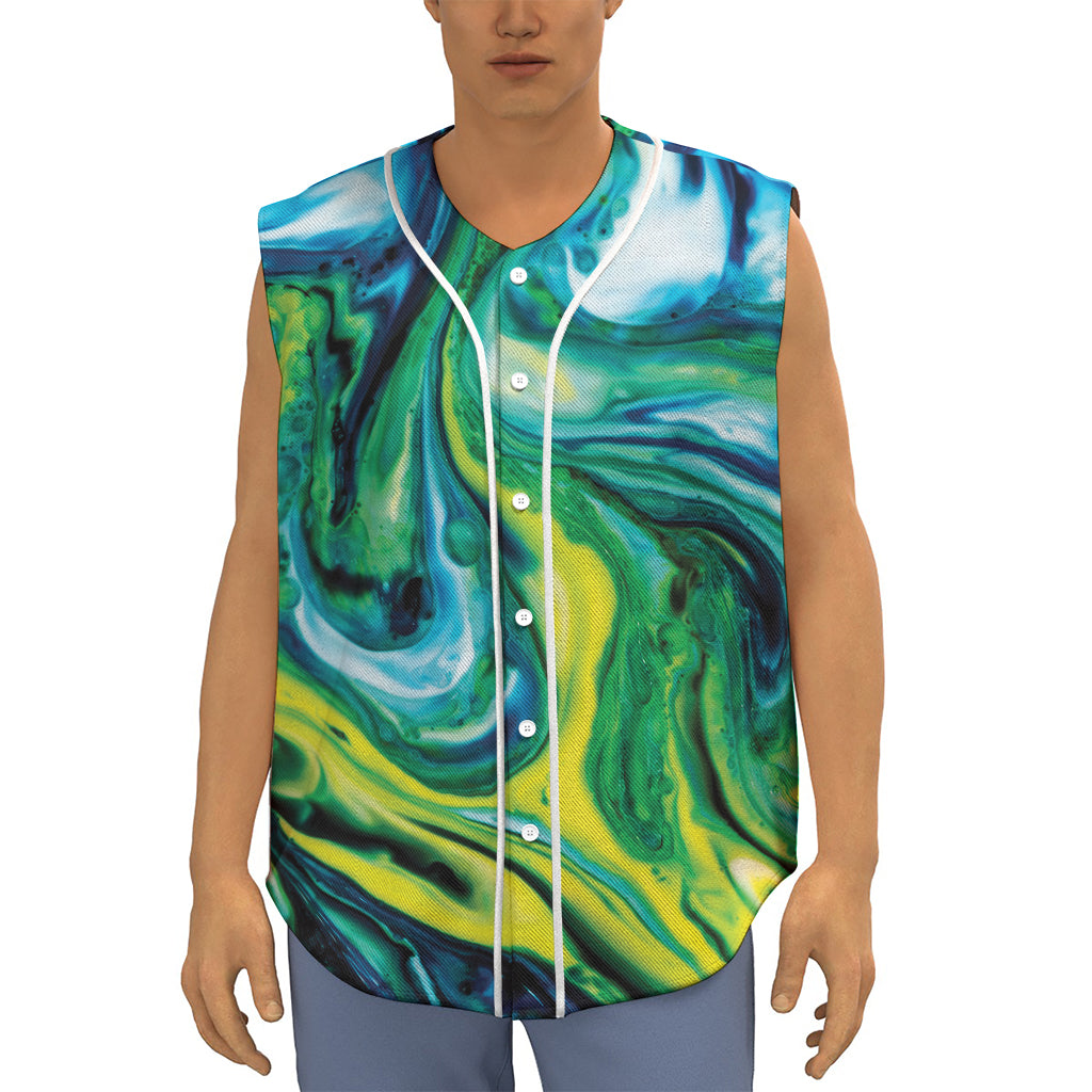 Blue And Green Acid Melt Print Sleeveless Baseball Jersey