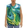 Blue And Green Acid Melt Print Sleeveless Baseball Jersey