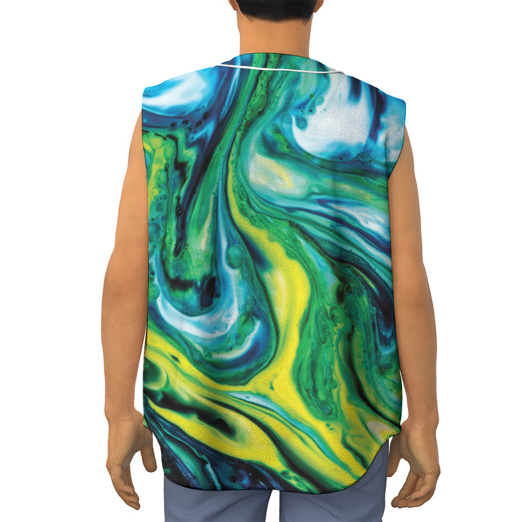 Blue And Green Acid Melt Print Sleeveless Baseball Jersey