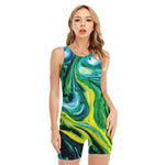 Blue And Green Acid Melt Print Sleeveless One Piece Swimsuit