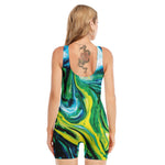 Blue And Green Acid Melt Print Sleeveless One Piece Swimsuit