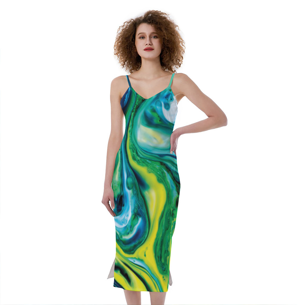 Blue And Green Acid Melt Print Slim Fit Midi Cami Dress