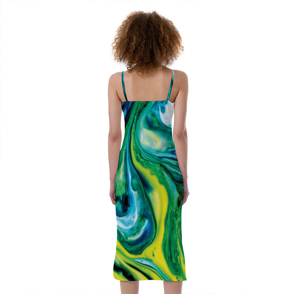 Blue And Green Acid Melt Print Slim Fit Midi Cami Dress