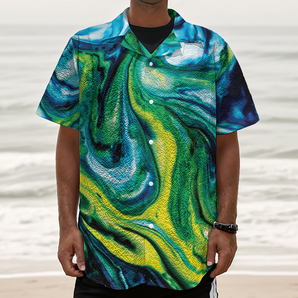 Blue And Green Acid Melt Print Textured Short Sleeve Shirt