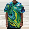 Blue And Green Acid Melt Print Textured Short Sleeve Shirt