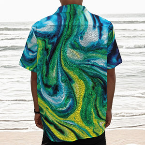 Blue And Green Acid Melt Print Textured Short Sleeve Shirt