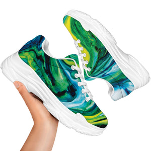 Blue And Green Acid Melt Print White Chunky Shoes