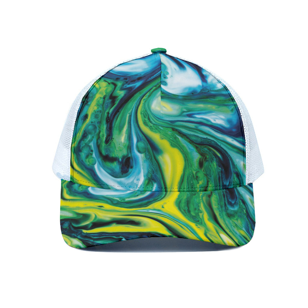 Blue And Green Acid Melt Print White Mesh Trucker Cap