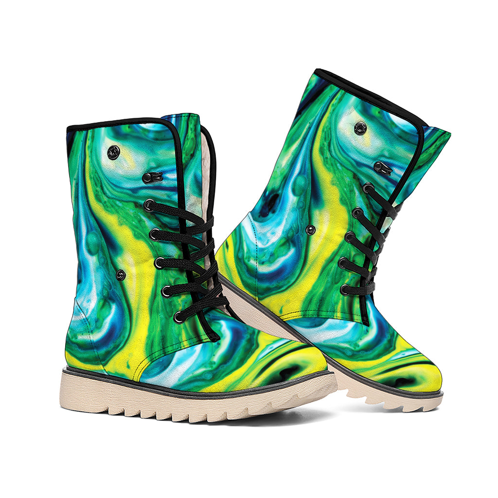 Blue And Green Acid Melt Print Winter Boots