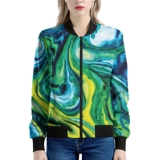 Blue And Green Acid Melt Print Women's Bomber Jacket