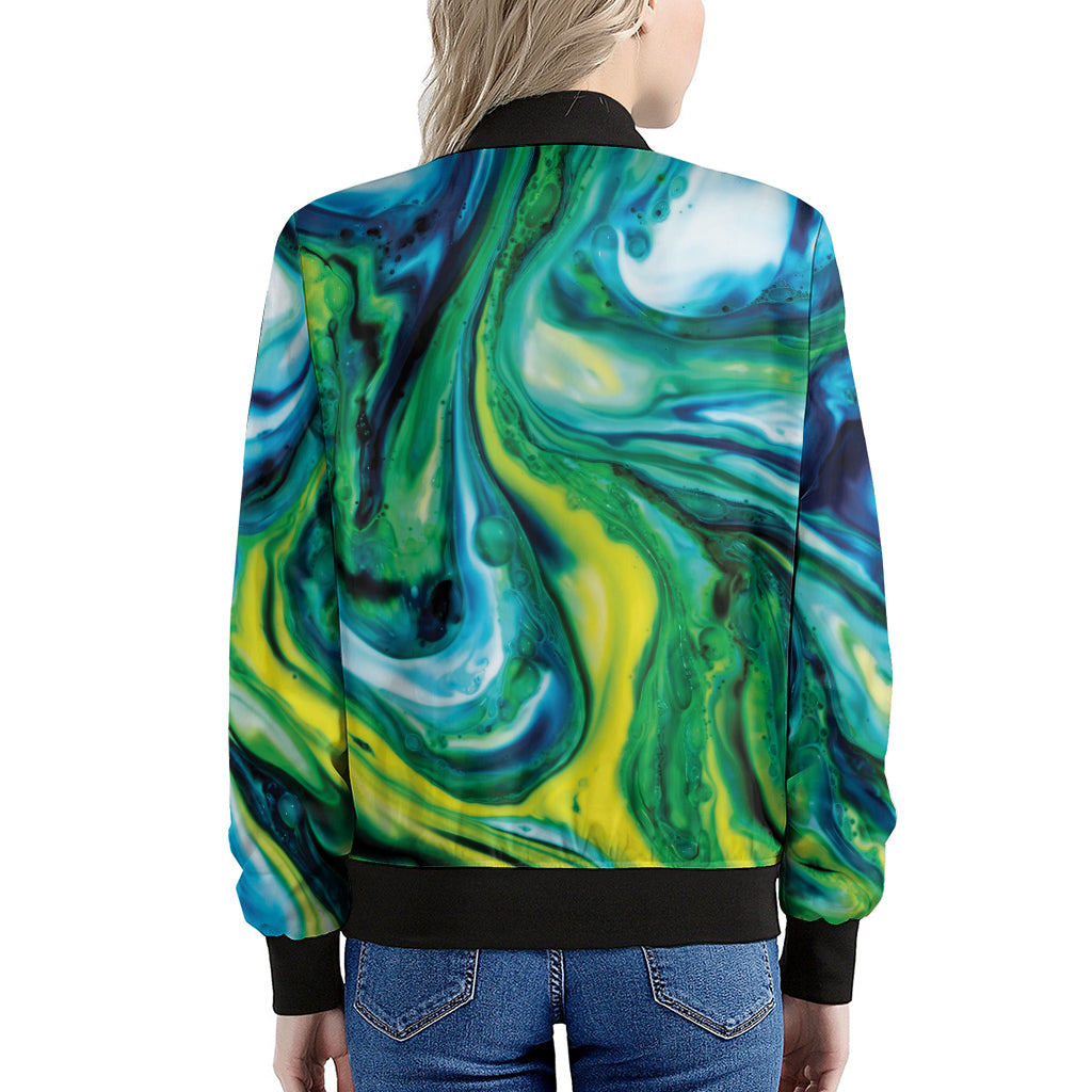 Blue And Green Acid Melt Print Women's Bomber Jacket