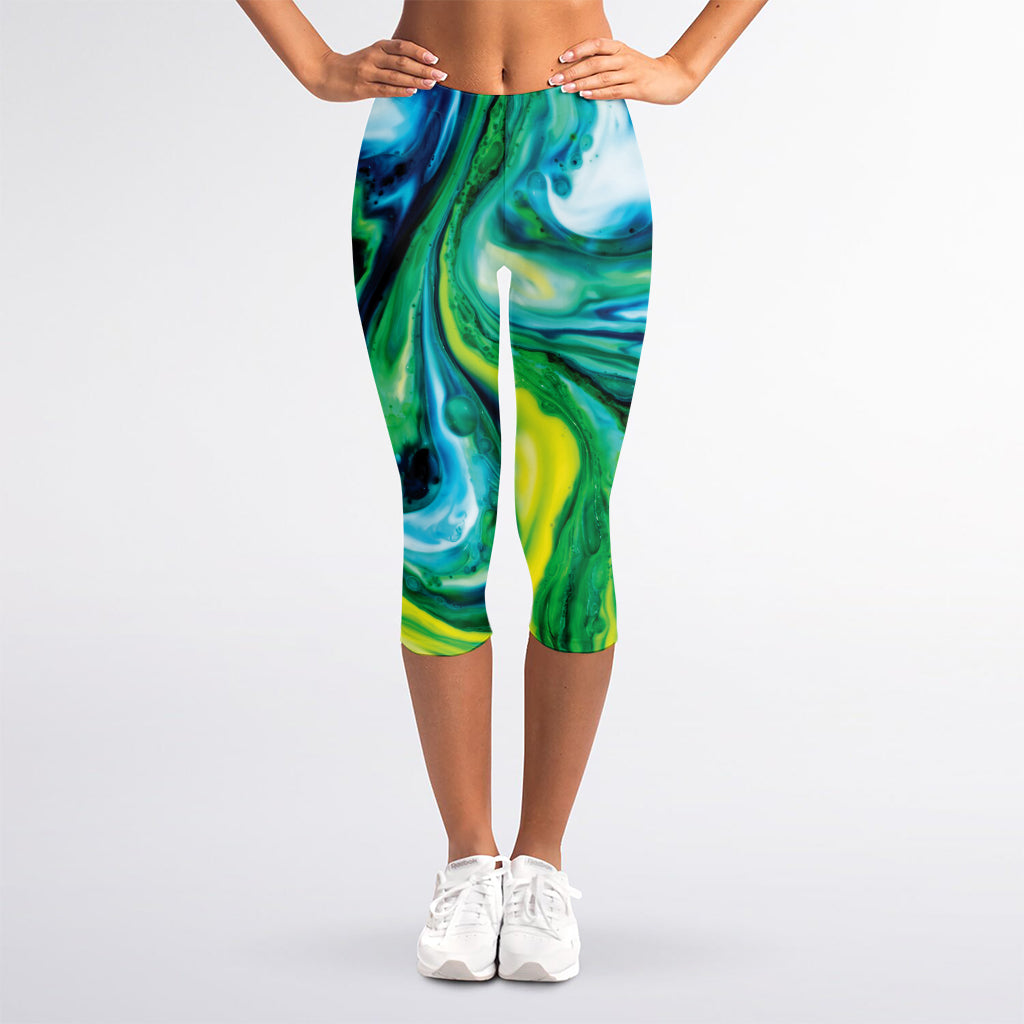 Blue And Green Acid Melt Print Women's Capri Leggings