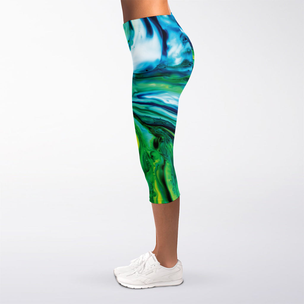 Blue And Green Acid Melt Print Women's Capri Leggings