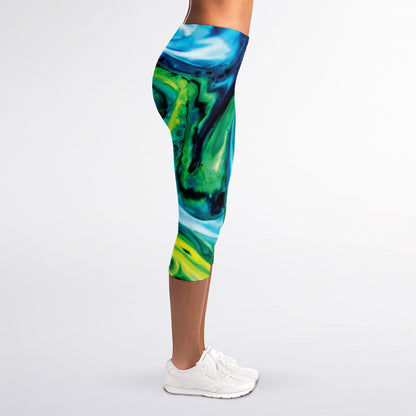 Blue And Green Acid Melt Print Women's Capri Leggings