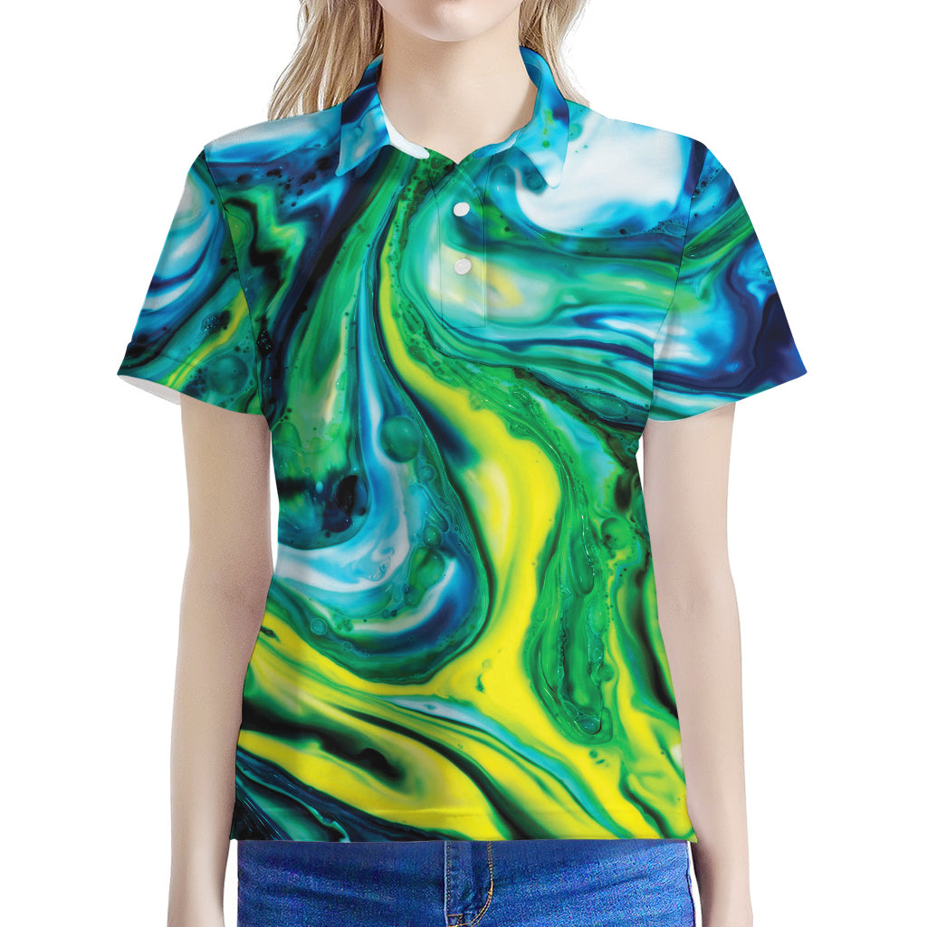 Blue And Green Acid Melt Print Women's Polo Shirt