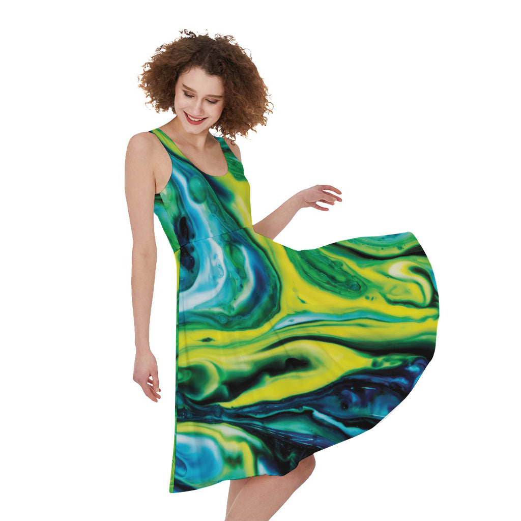 Blue And Green Acid Melt Print Women's Sleeveless Dress