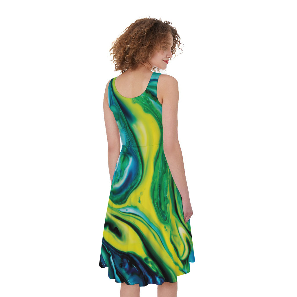 Blue And Green Acid Melt Print Women's Sleeveless Dress