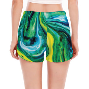 Blue And Green Acid Melt Print Women's Split Running Shorts