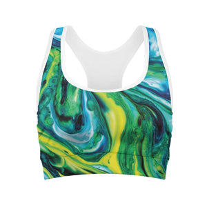 Blue And Green Acid Melt Print Women's Sports Bra