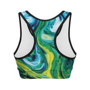 Blue And Green Acid Melt Print Women's Sports Bra