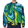 Blue And Green Acid Melt Print Zip Sleeve Bomber Jacket