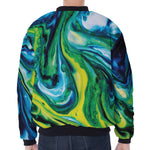 Blue And Green Acid Melt Print Zip Sleeve Bomber Jacket