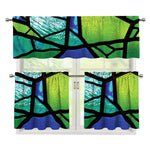 Blue And Green Stained Glass Print 3 Piece Kitchen Curtains