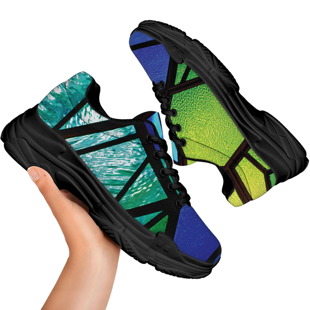 Blue And Green Stained Glass Print Black Chunky Shoes