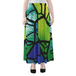 Blue And Green Stained Glass Print Chiffon Maxi Skirt