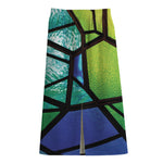 Blue And Green Stained Glass Print Cotton Front Slit Maxi Skirt