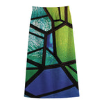 Blue And Green Stained Glass Print Cotton Front Slit Maxi Skirt