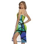 Blue And Green Stained Glass Print Cross Back Cami Dress