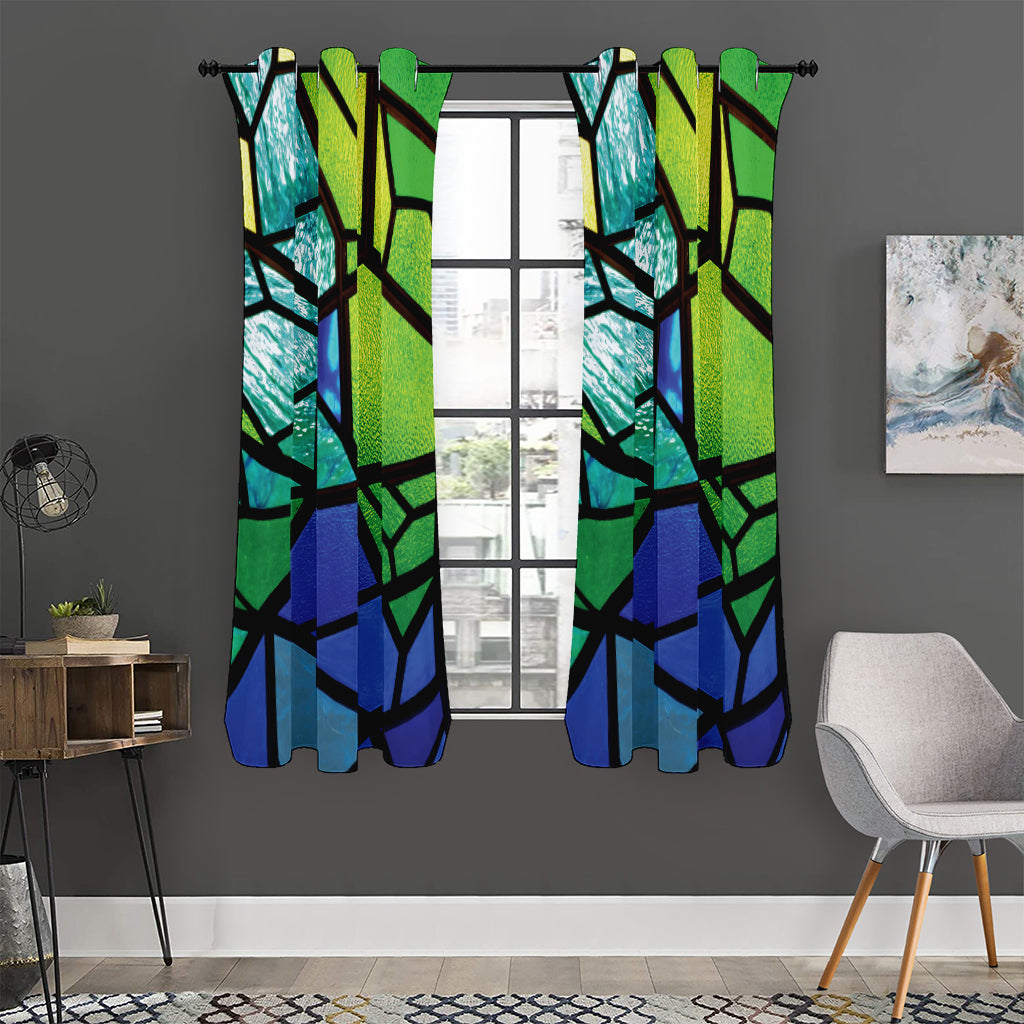 Blue And Green Stained Glass Print Curtain