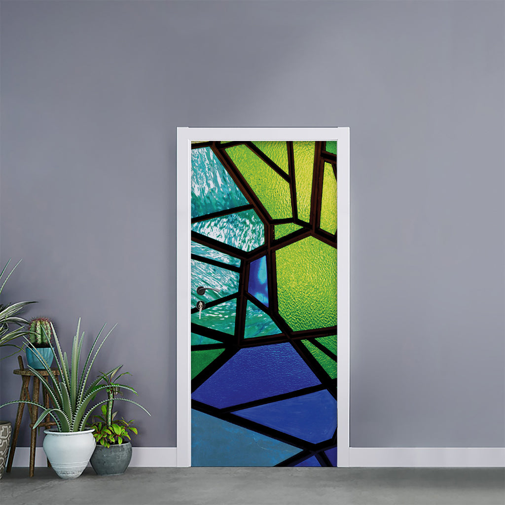 Blue And Green Stained Glass Print Door Sticker