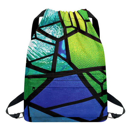 Blue And Green Stained Glass Print Drawstring Backpack
