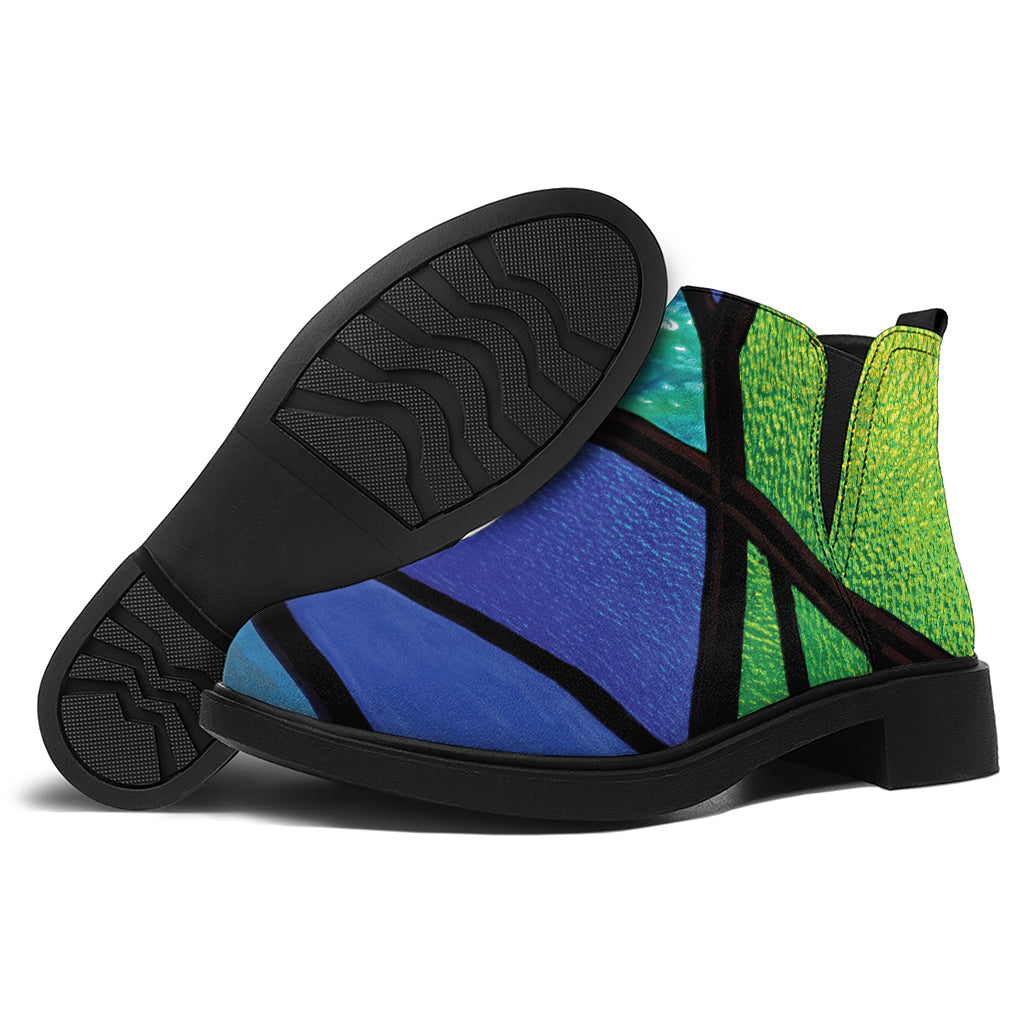 Blue And Green Stained Glass Print Flat Ankle Boots